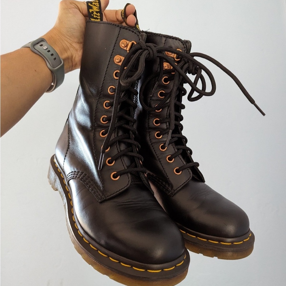Dr. Martens Black Combat Moto Boots with Yellow Stitching